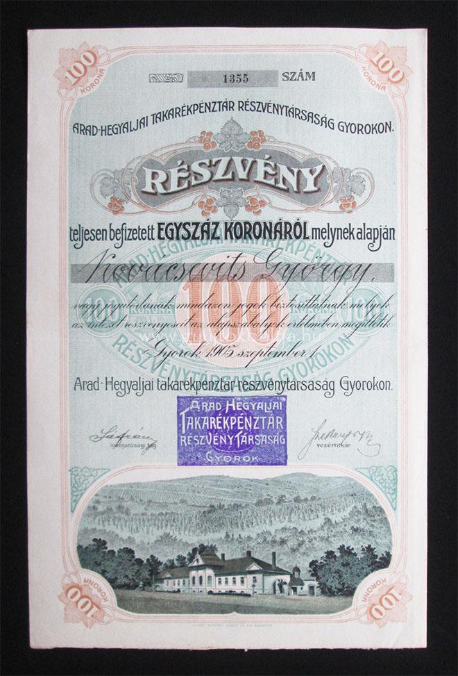 Arad-Hegyaljai Takarékpénztár 100 korona 1905 Gyorok (ROU)